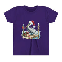Purple t-shirt with a Christmas pelican design on a white background
