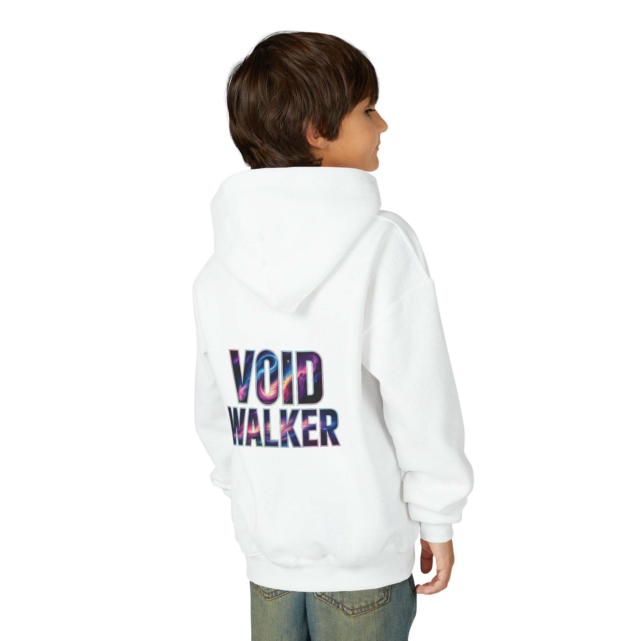 Child wearing white Galaxy Hoodie with colorful "VOID WALKER" text on the back