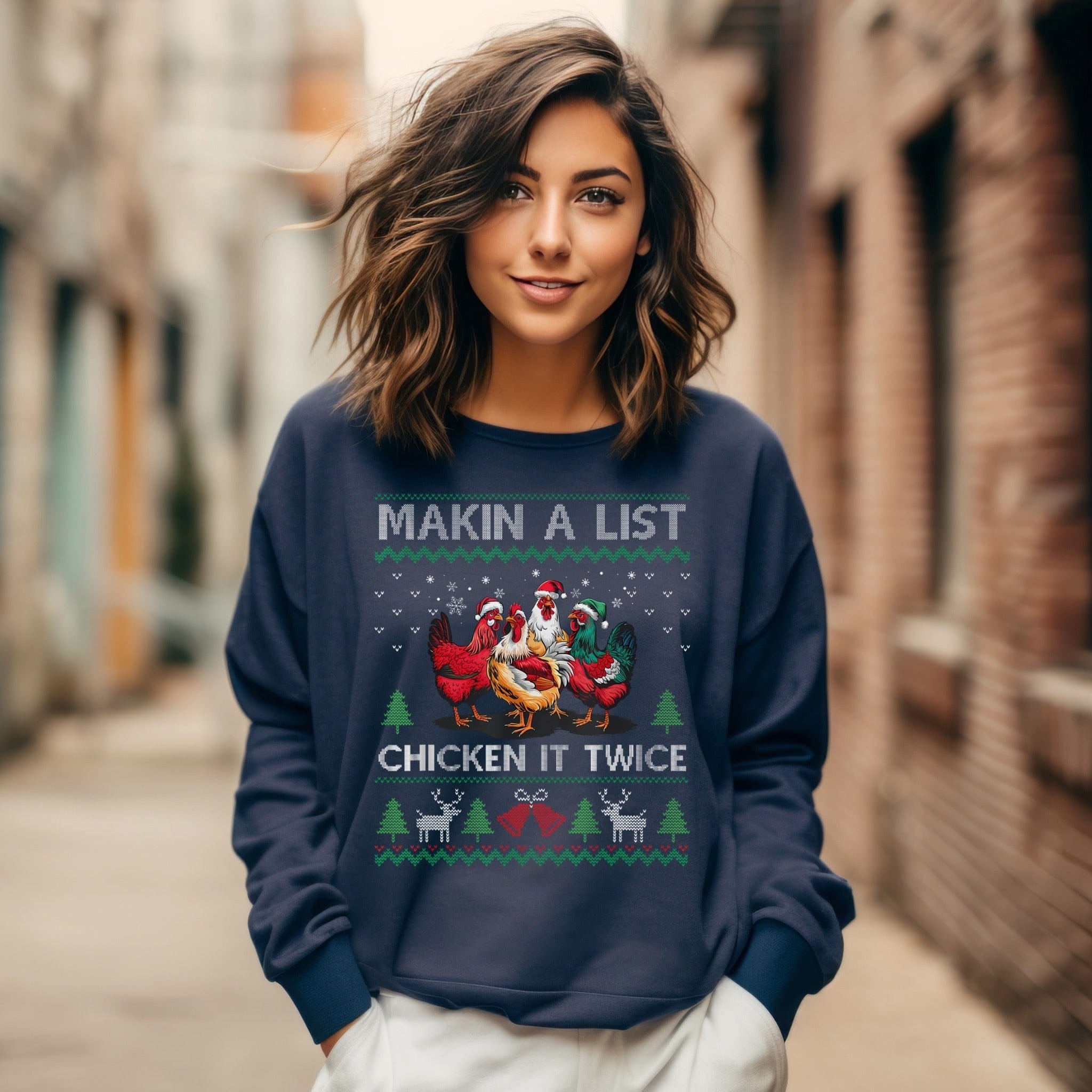 Unisex garment-dyed sweatshirt with "Making a List, Chicken it Twice" holiday design, comfortable fit, and soft cotton-polyester blend.