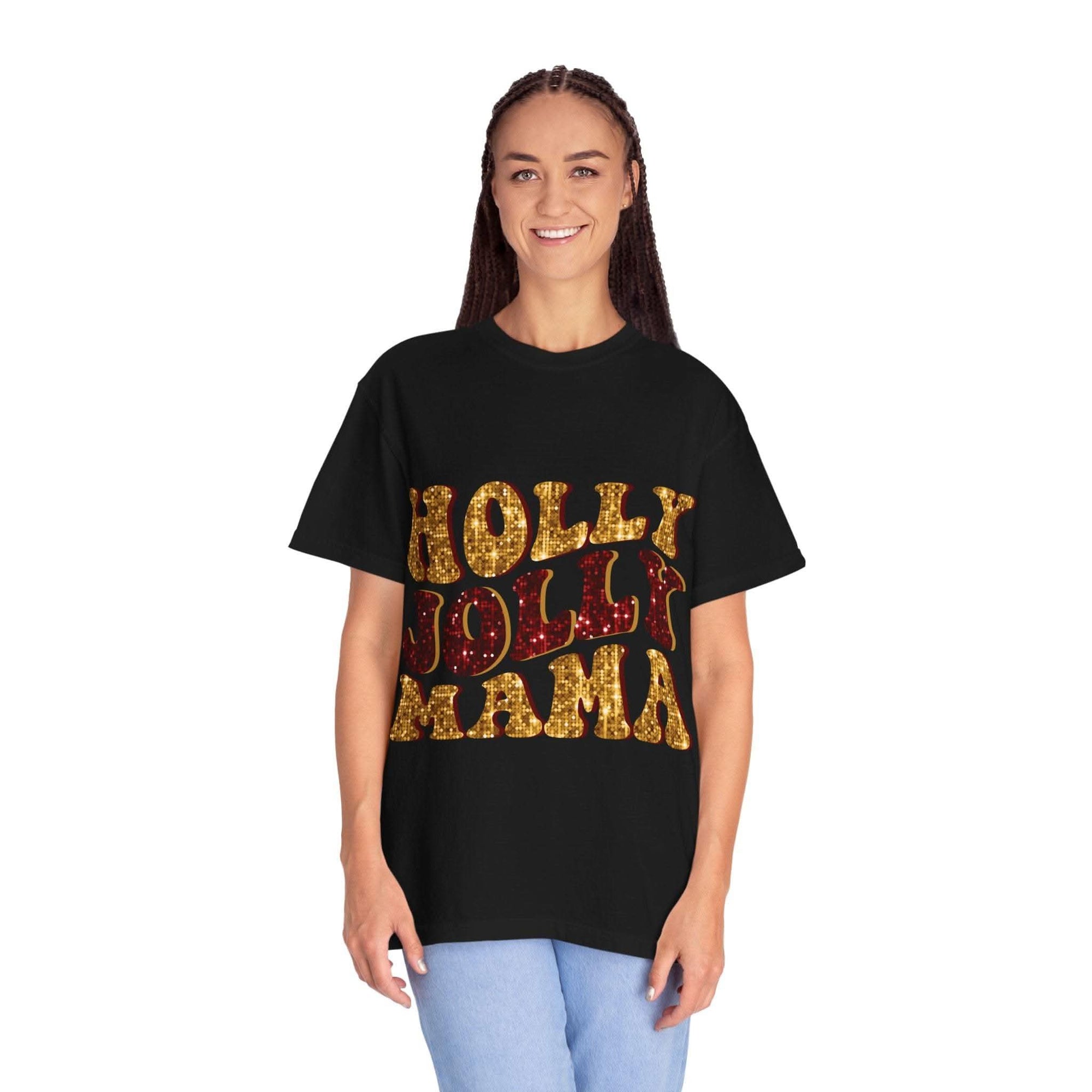 Faux Glitter Holly Jolly Mama brown t-shirt with festive glitter text for moms