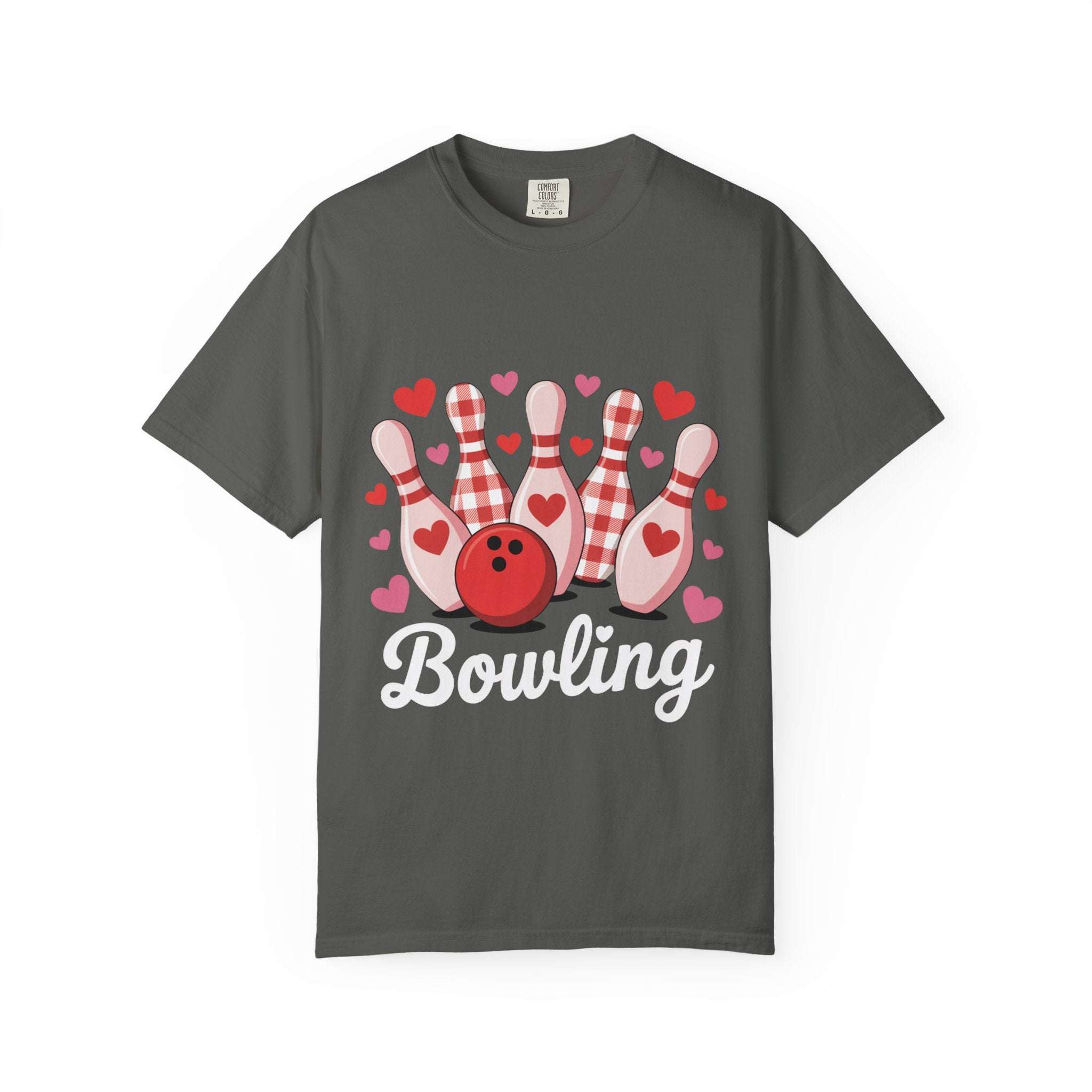 Valentine's Bowling Hearts Tshirt with tiny hearts and curved bowling pin design on cozy heavyweight cotton