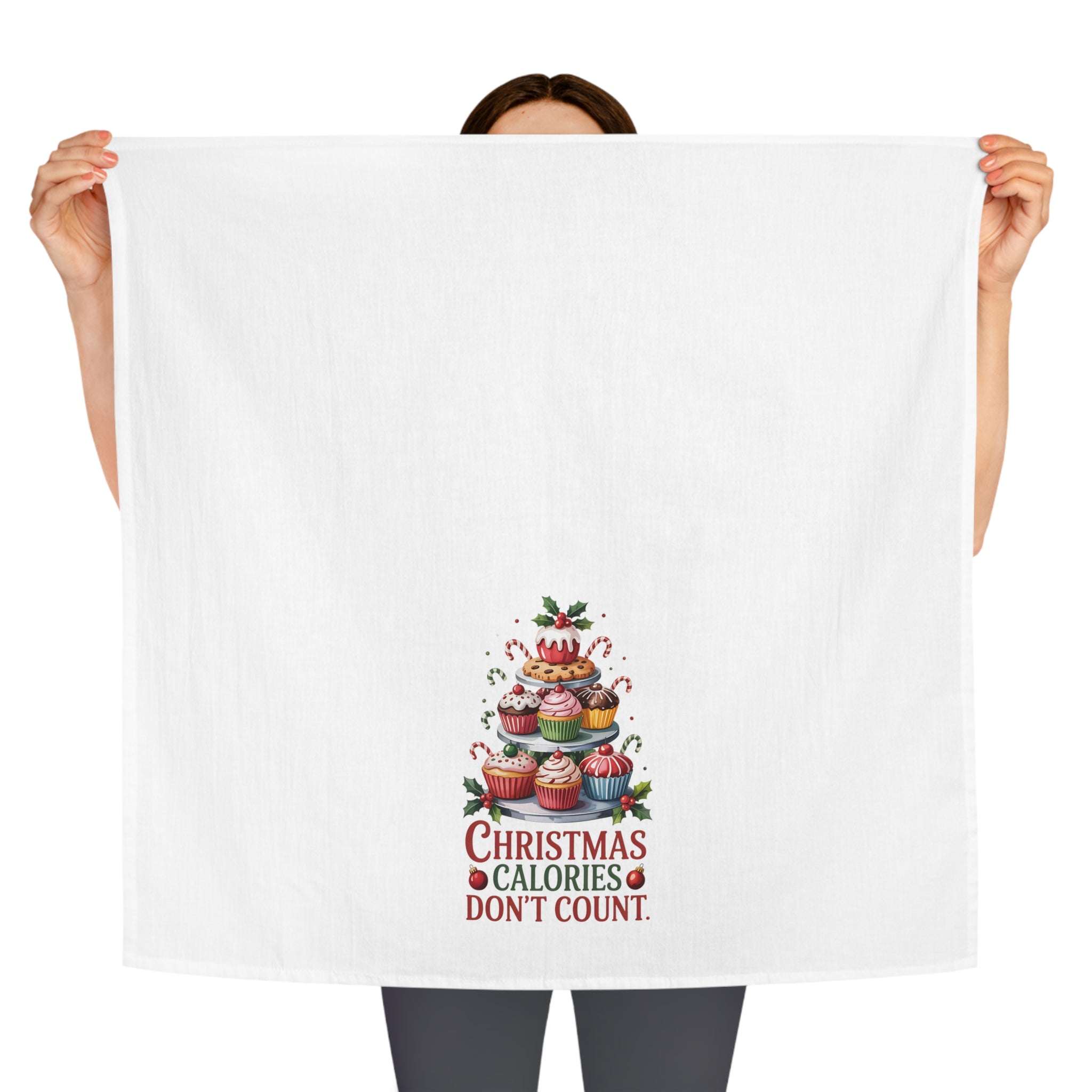 White Kitchen Towel Christmas with "Christmas Calories Don't Count" festive print and cupcake design