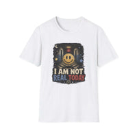 Smiley face in eerie hallway with EXIT sign and "I AM NOT REAL TODAY" text on vintage-style t-shirt