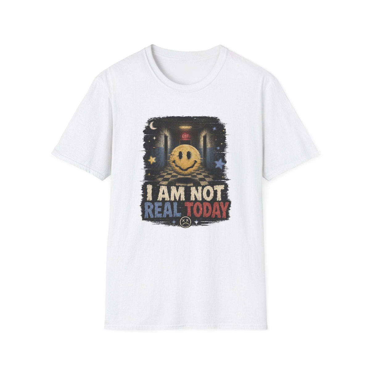 Smiley face in eerie hallway with EXIT sign and "I AM NOT REAL TODAY" text on vintage-style t-shirt