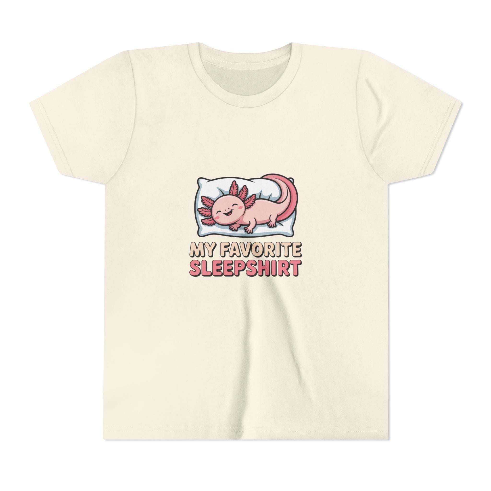 Kids soft cotton sleepshirt axolotl youth tee with cute sleeping axolotl graphic and text My Favorite Sleepshirt