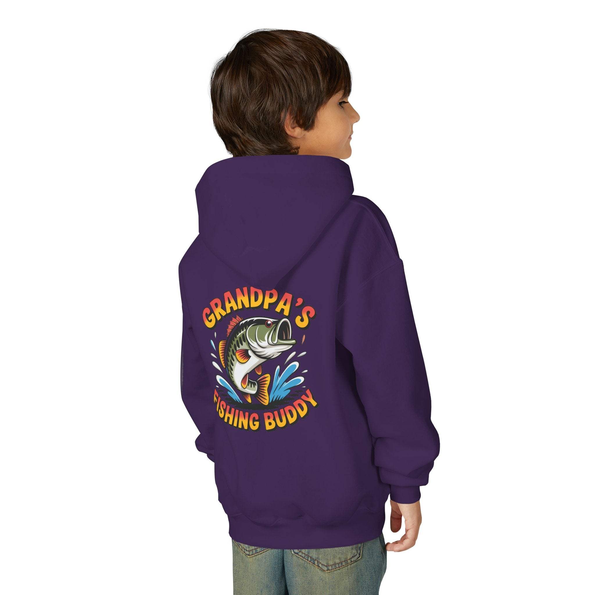 Youth hooded sweatshirt with embroidered Grandpa's Fishing Buddy design and kangaroo pocket