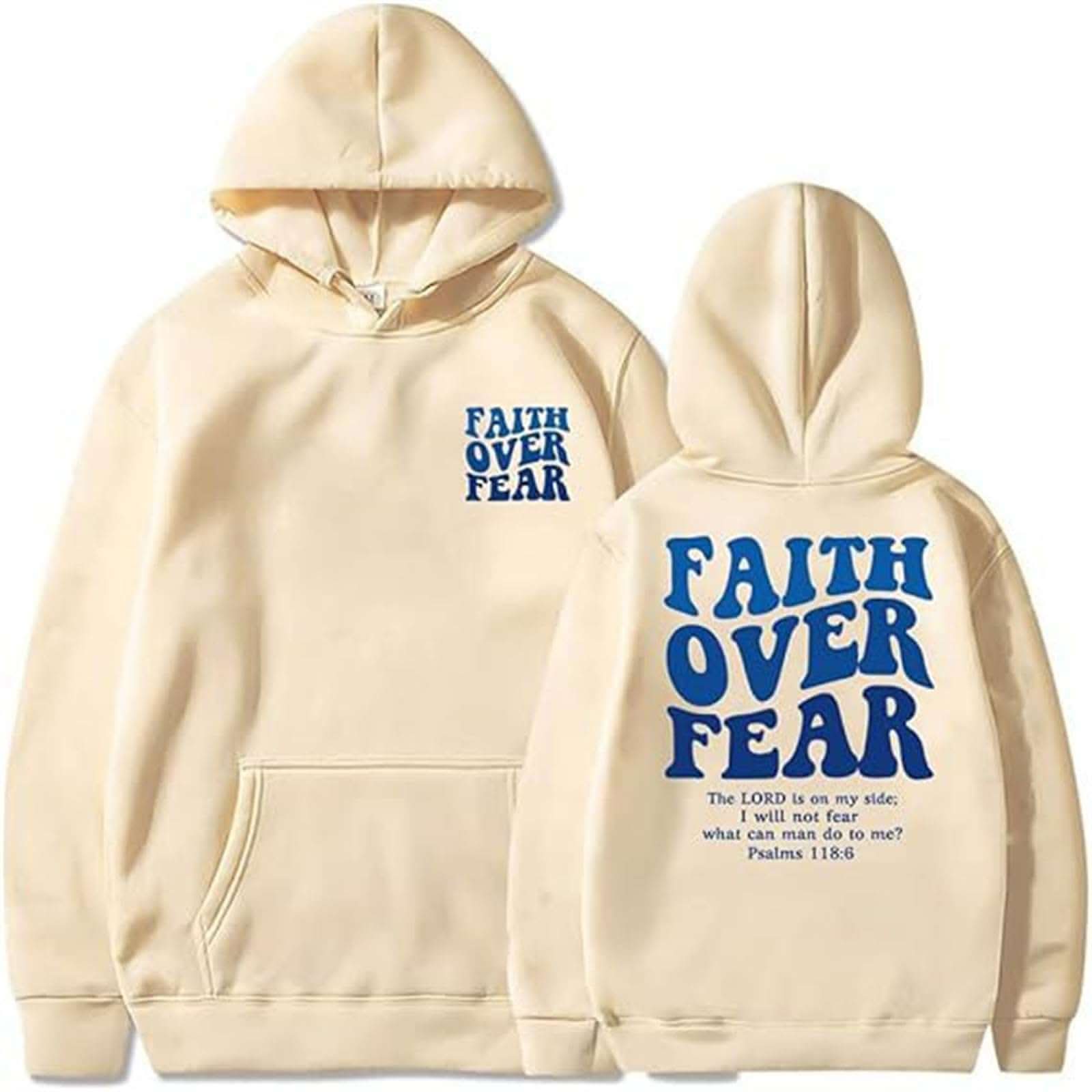 Person wearing a cozy Faith Over Fear Hoodie with inspirational message