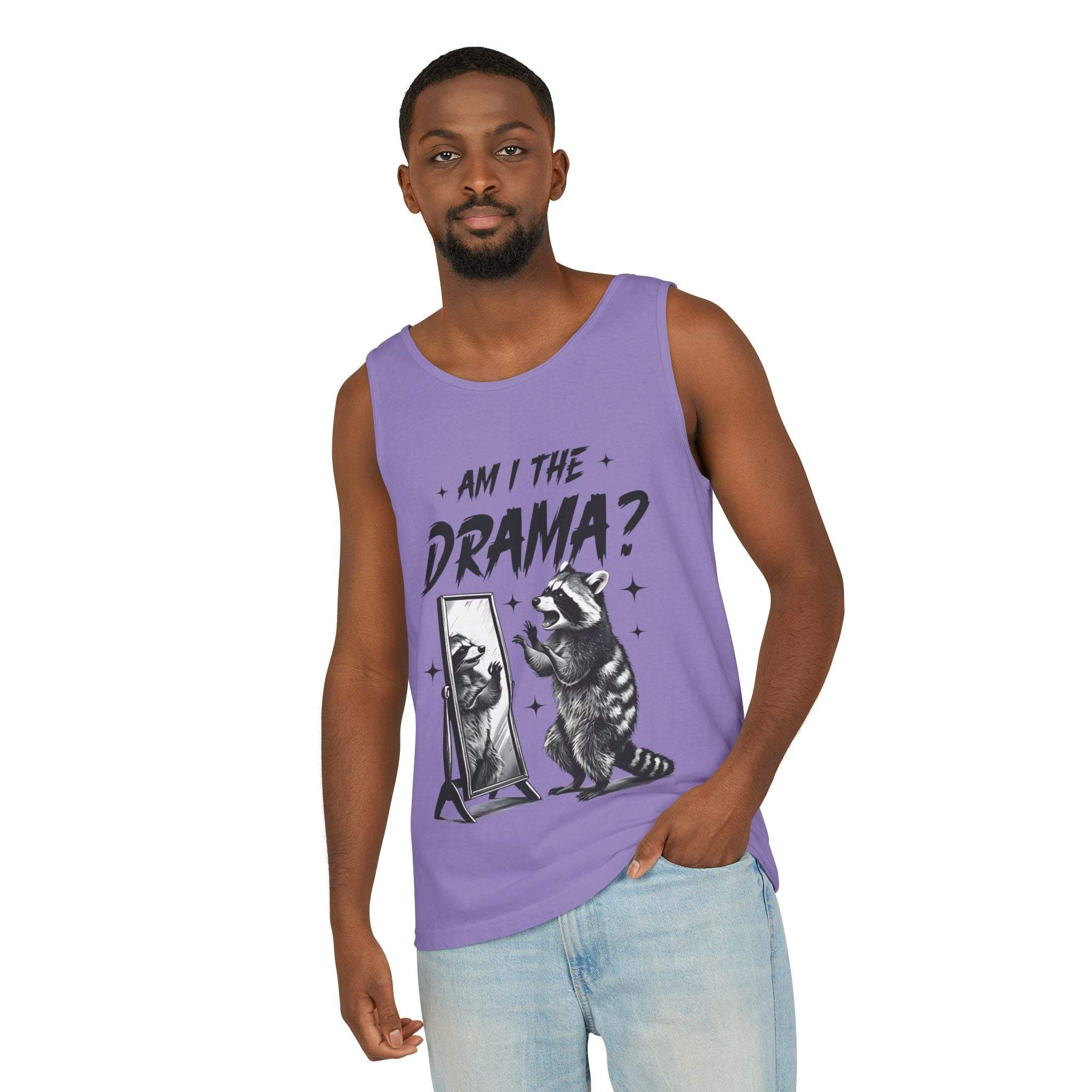 Purple tank top with "Am I The Drama?" raccoon graphic worn by model