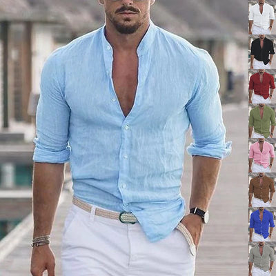 Men's casual long sleeve button shirt in light blue, lightweight cotton fabric, perfect for spring and autumn wear.