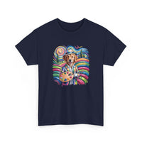 Golden retriever wearing artist beret with paint palette on colorful artist dog T-shirt with rainbow swirls