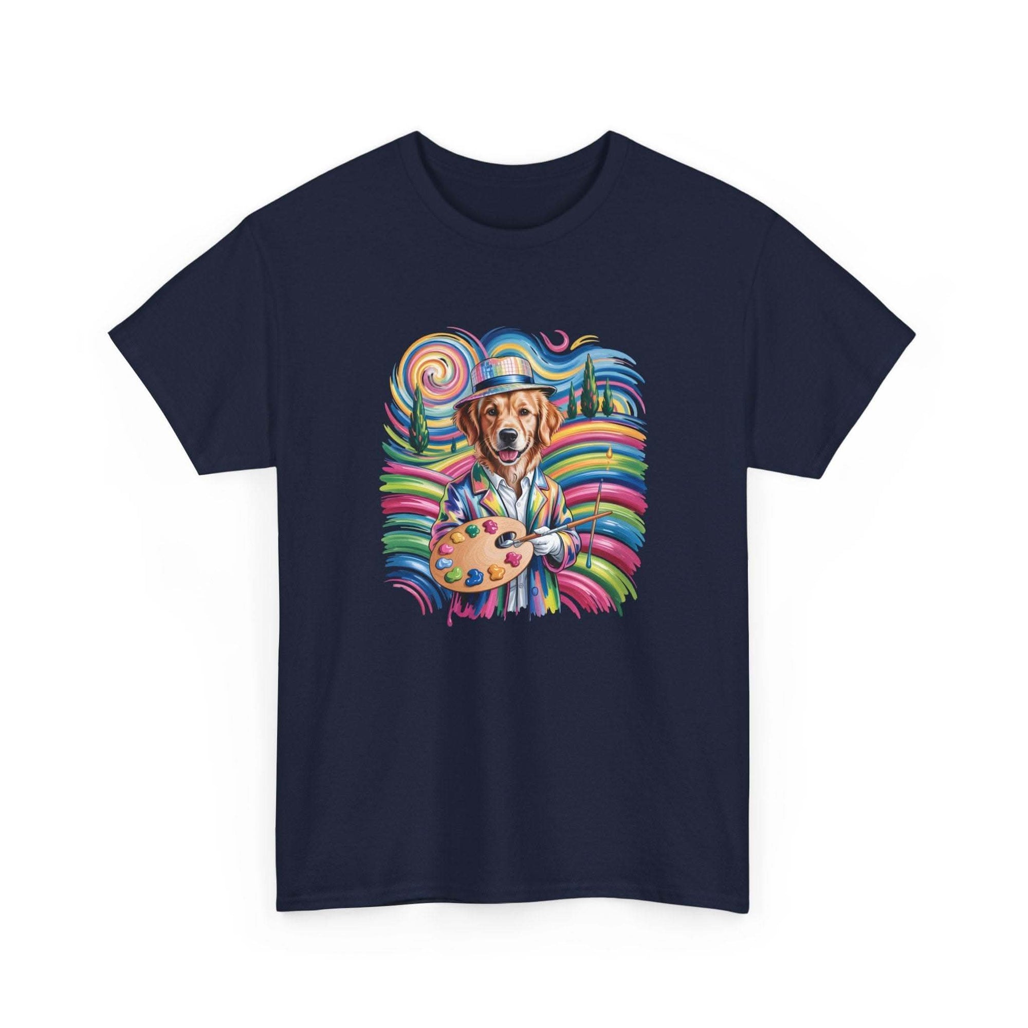 Golden retriever wearing artist beret with paint palette on colorful artist dog T-shirt with rainbow swirls