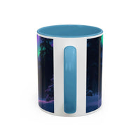 Mug with blue lid and handle, featuring a colorful abstract design on a white background