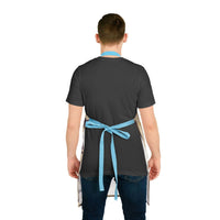 Man wearing Cowboy Christmas apron with blue tie-back straps shown from the back