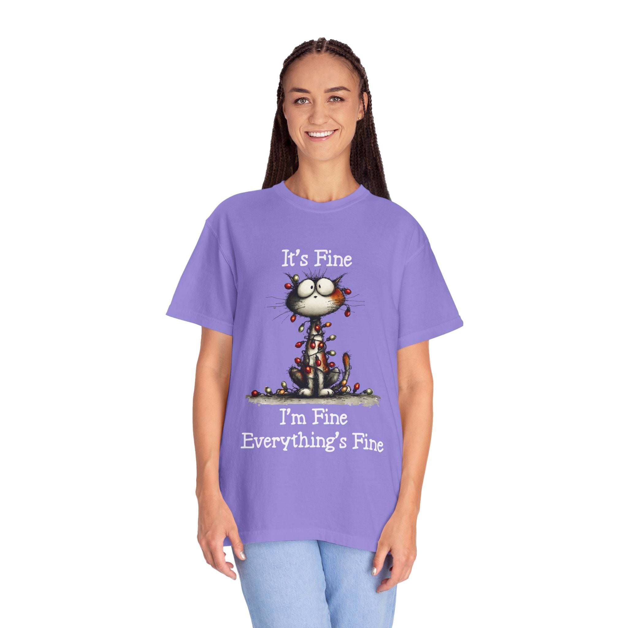 Purple cat t-shirt with "It's Fine, I'm Fine, Everything's Fine" text and small cat illustration, relaxed fit cotton tee