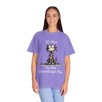 Purple cat t-shirt with "It's Fine, I'm Fine, Everything's Fine" text and small cat illustration, relaxed fit cotton tee