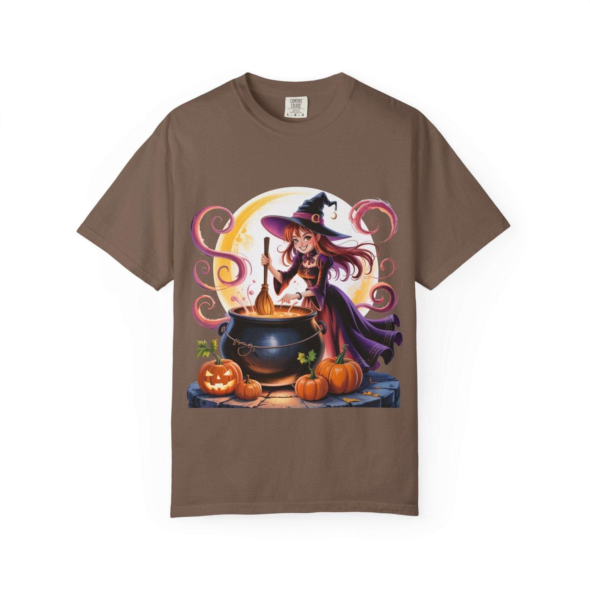 White Anime Halloween Witch T-shirt from Printify, featuring a colorful witch graphic, available in sizes S, M, and L.