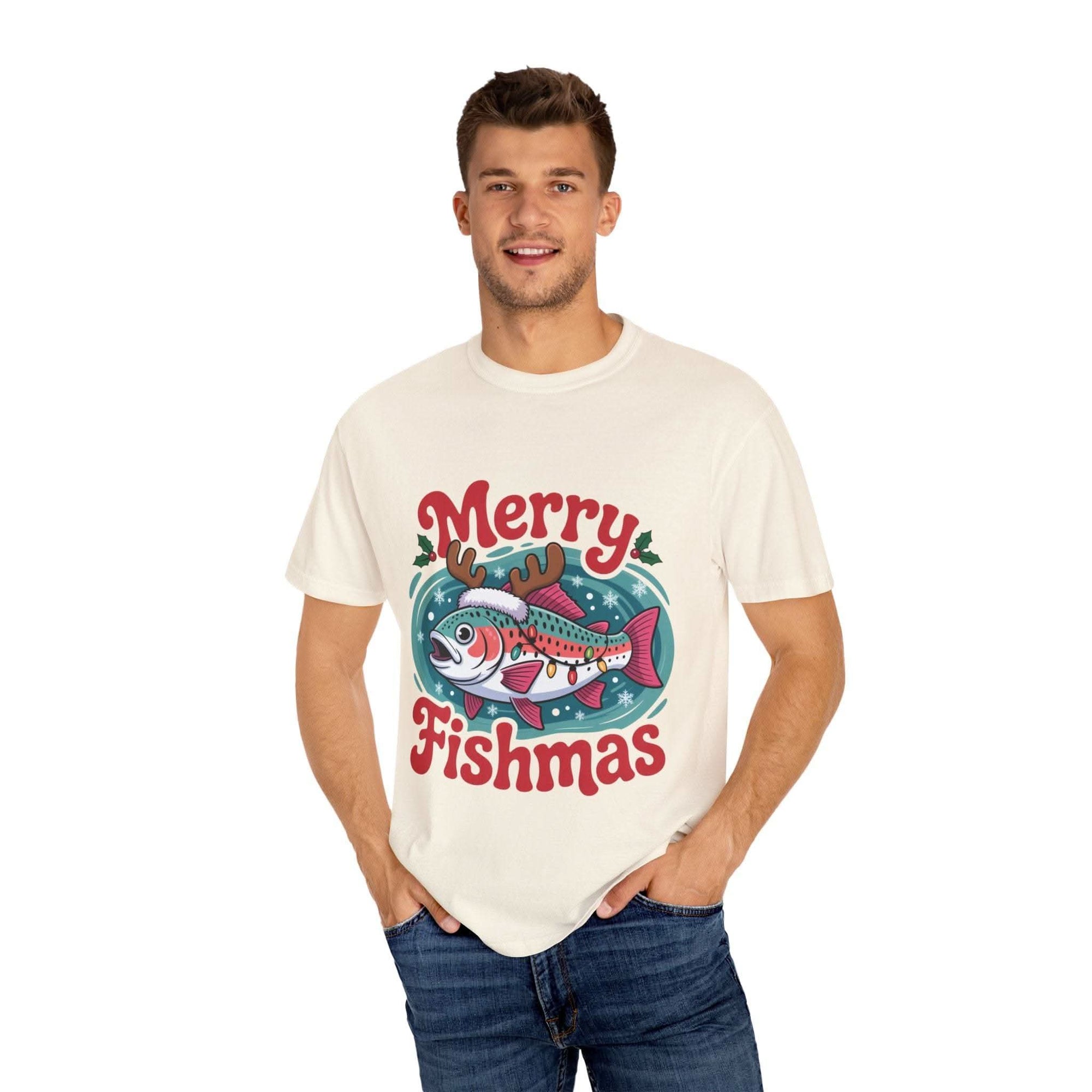 True Navy garment-dyed t-shirt featuring Merry Fishmas design for fishermen, by Printify