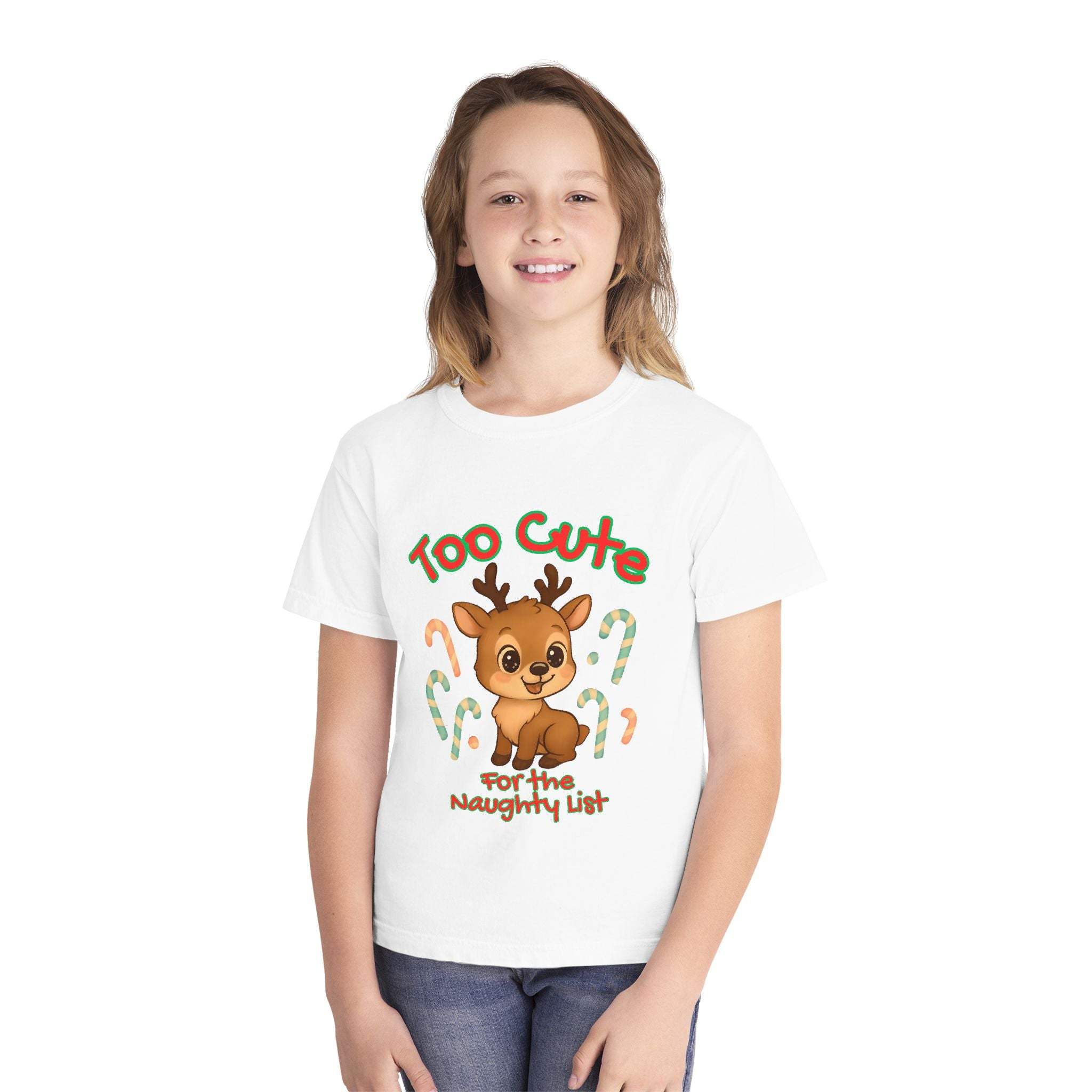 Youth tee with "Too Cute for the Naughty List" Christmas reindeer design on white cotton shirt worn by child