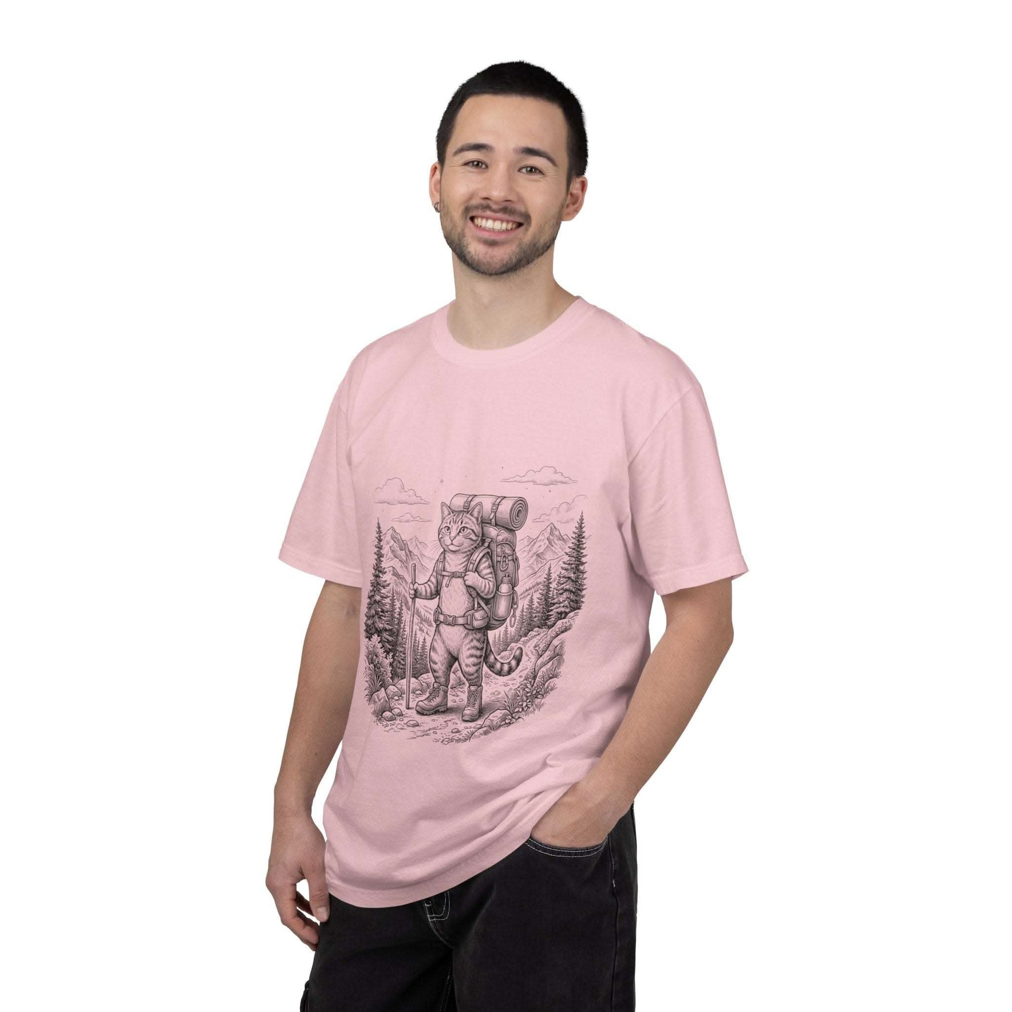 Cat hiker illustration on vintage garment-dyed heavyweight hiking t-shirt