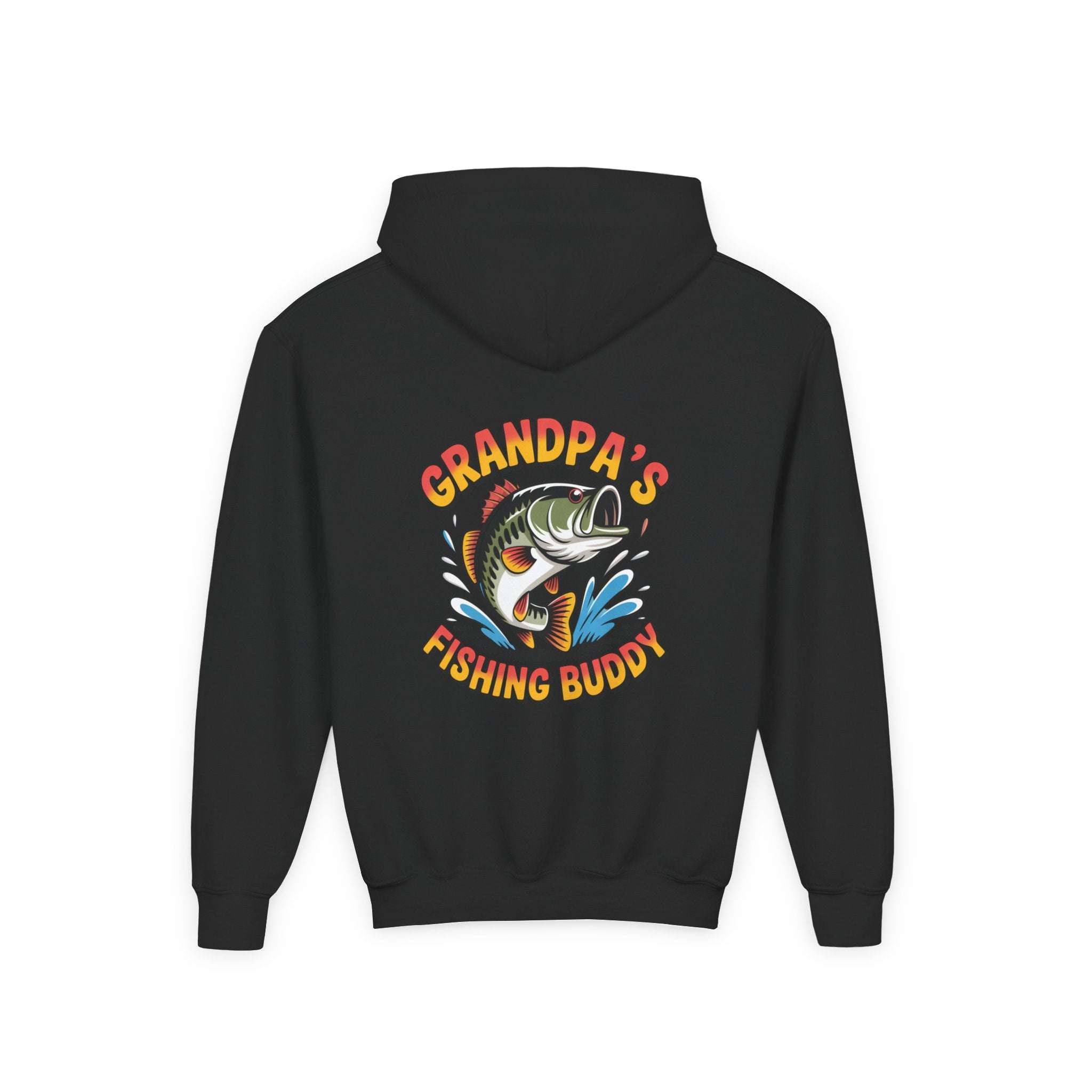 Youth hooded sweatshirt featuring embroidered Grandpas Fishing Buddy Hoodie design with pouch pocket and durable cotton blend fabric