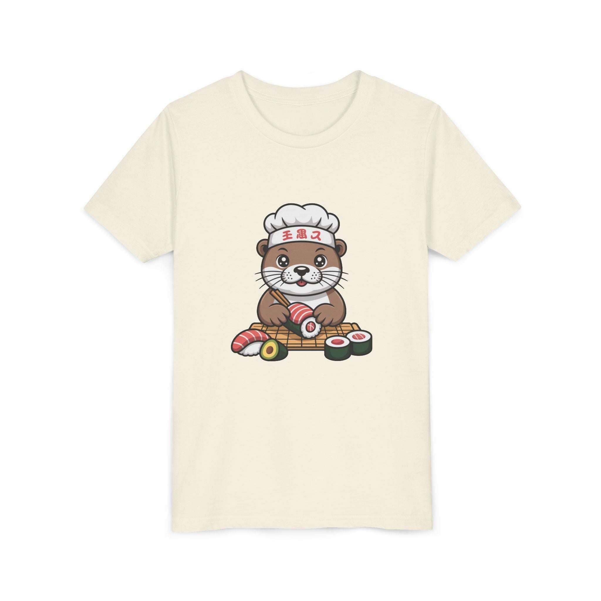 Cute Otter Sushi Chef graphic on youth t-shirt for kids, soft breathable cotton design