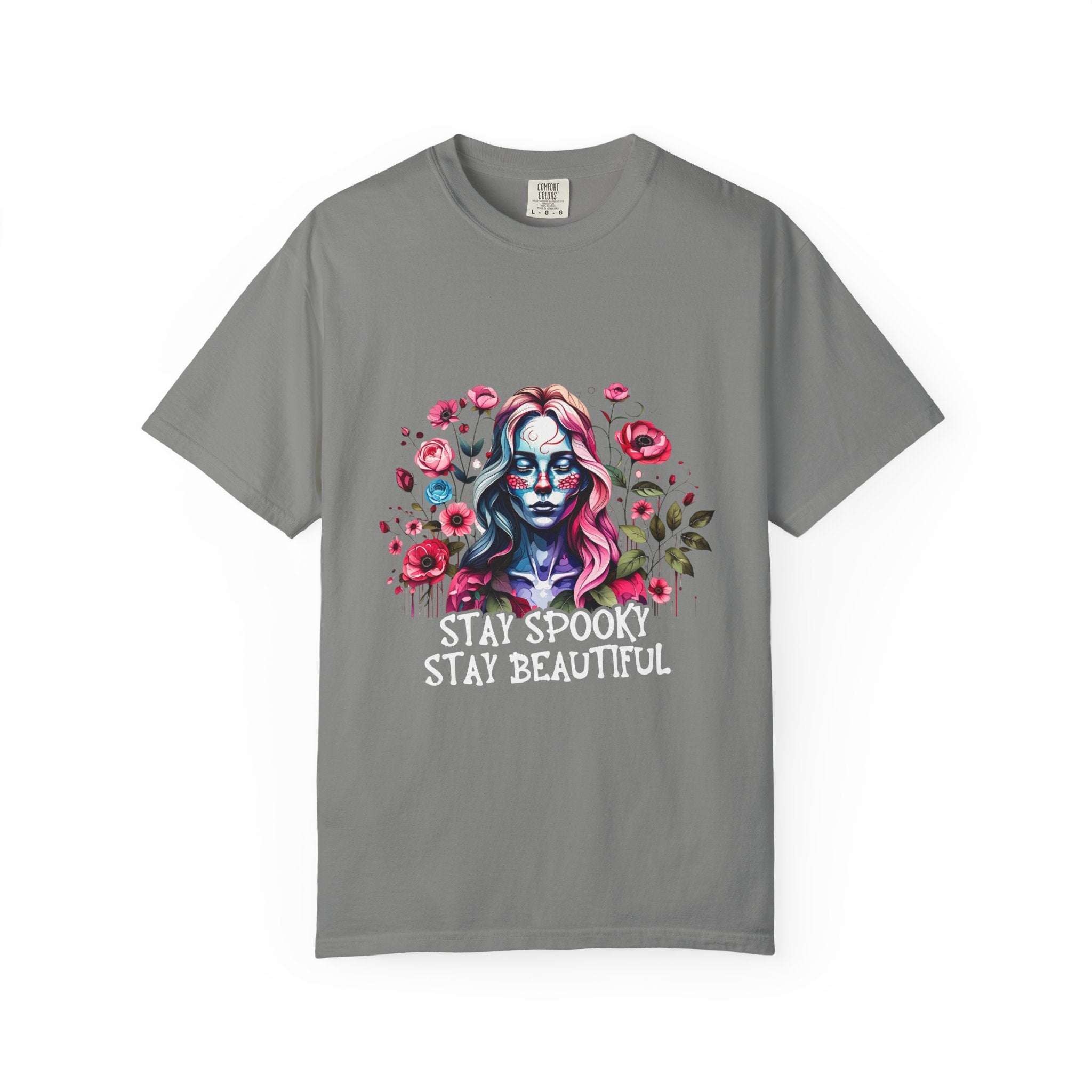 Gray soft everyday tee with elegant floral skeleton print and "Stay Spooky Stay Beautiful" text, unisex fit floral skeleton t-shirt.