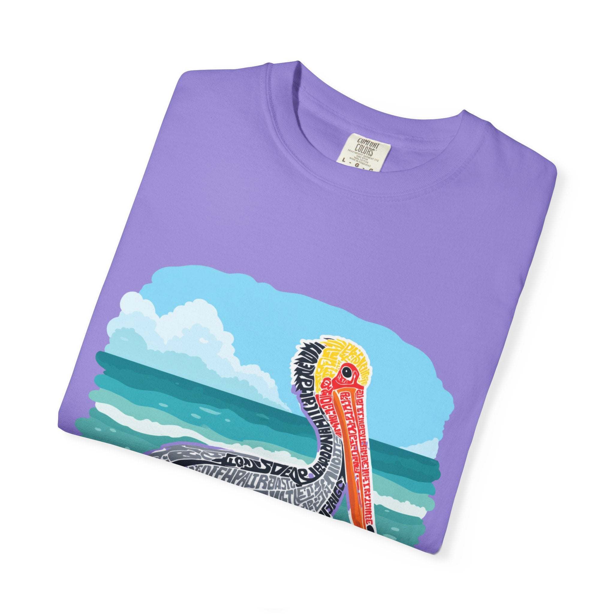 Vintage Pelican Letter Poster graphic t-shirt with coastal, weathered design and relaxed fit