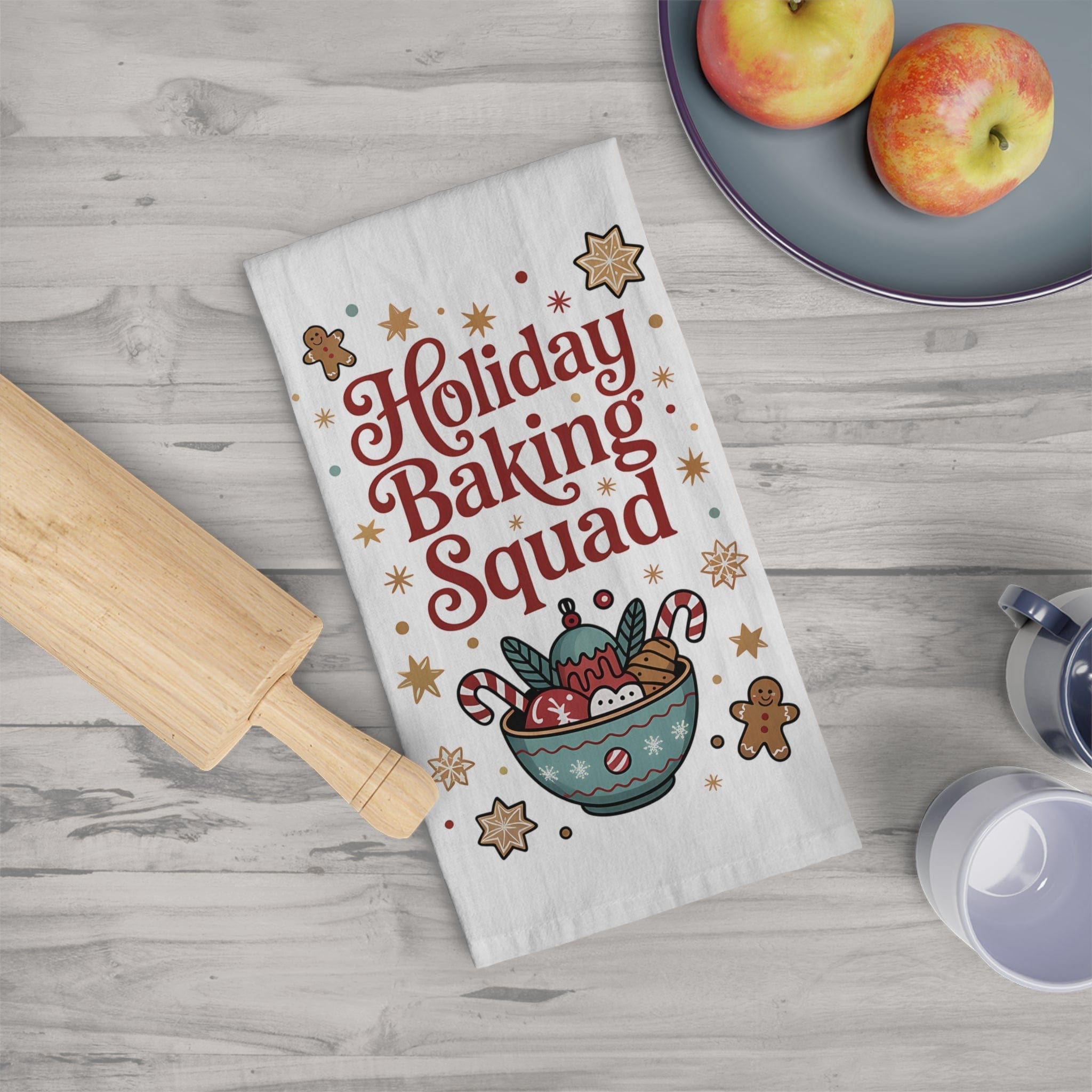 Holiday Baking Squad tea towel with festive holiday baking graphics for kitchen decor