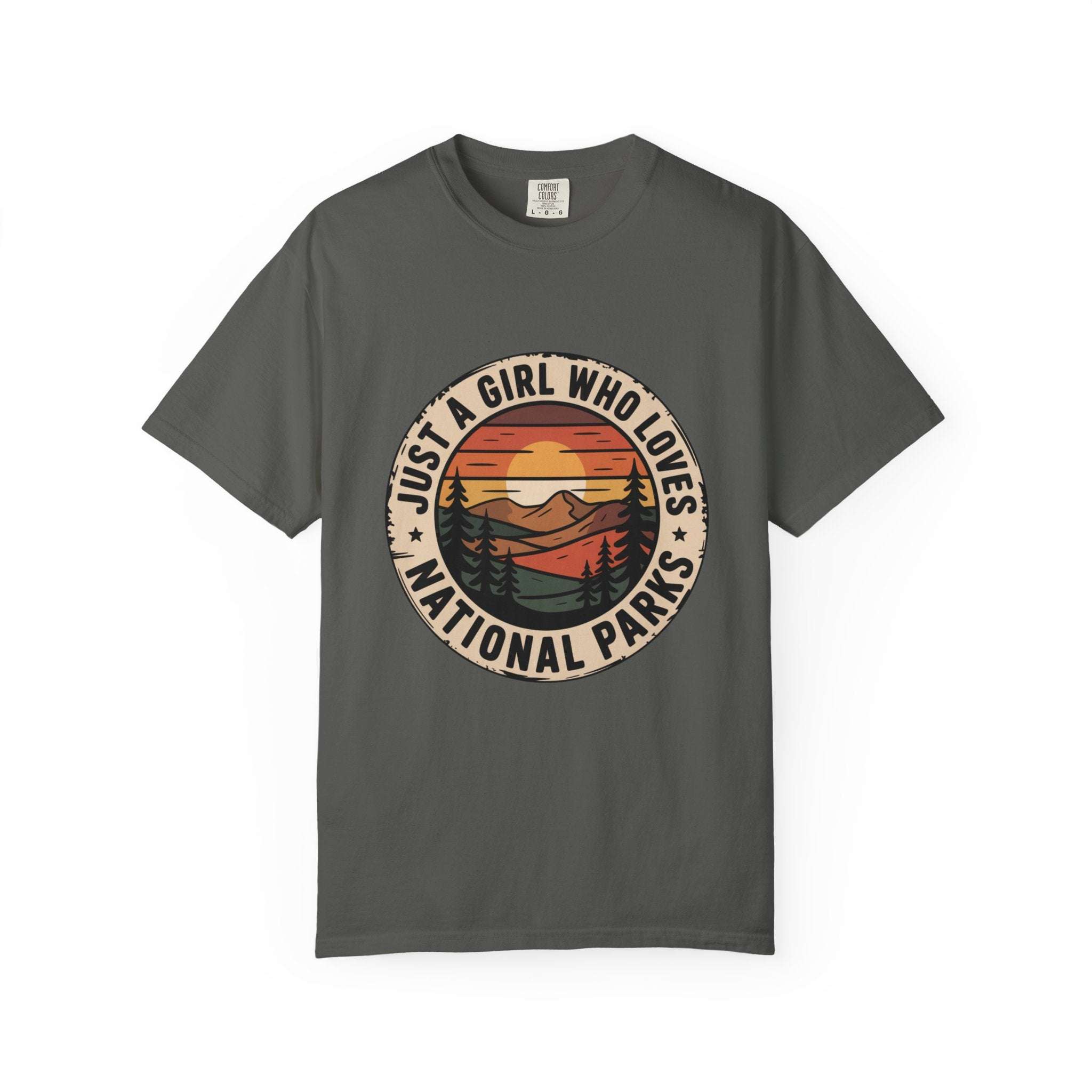 Just a Girl Who Loves National Parks T-Shirt in garment-dyed cotton with relaxed fit and durable fabric