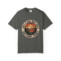 Just a Girl Who Loves National Parks T-Shirt in garment-dyed cotton with relaxed fit and durable fabric