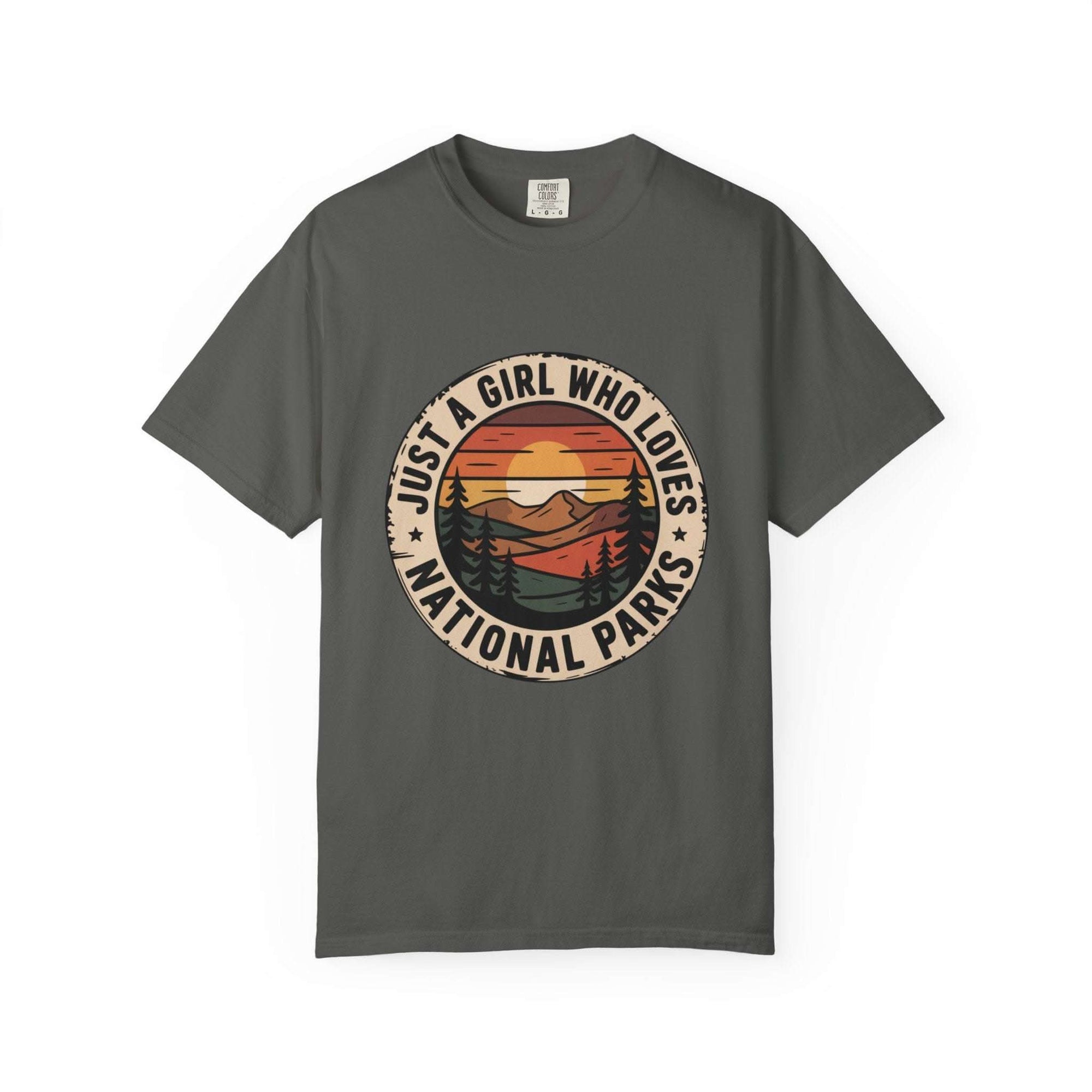 Just a Girl Who Loves National Parks T-Shirt in garment-dyed cotton with relaxed fit and durable fabric