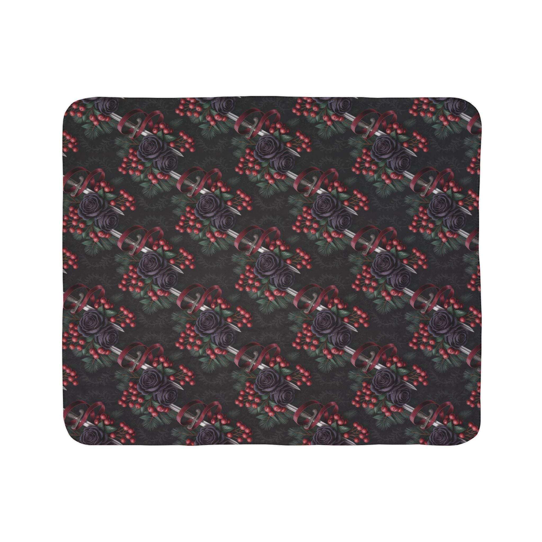 Gothmas Black Roses & Daggers fleece sherpa blanket with black roses and dagger pattern, plush and cozy design