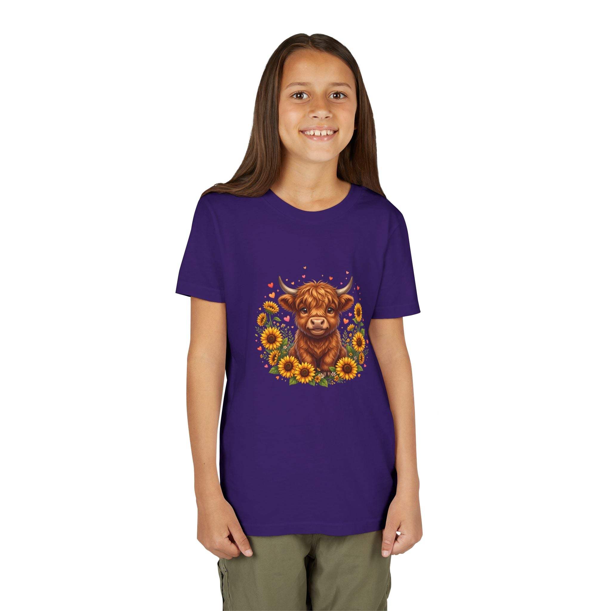 Highland Cow with Sunflowers Youth Tee | Cute Calf Floral Kids Shirt