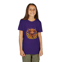 Youth tee with Highland cow and sunflowers design on soft cotton fabric