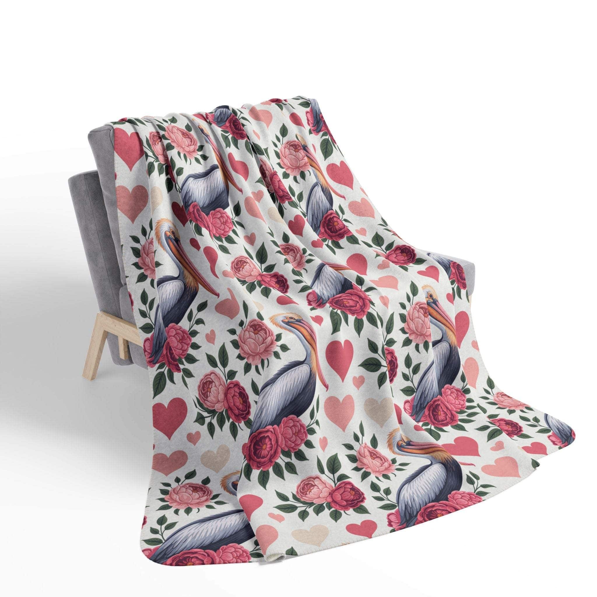 Floral pelican motif fleece Sherpa blanket with vibrant coastal bird design