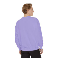 Man wearing lavender Vintage North Pole Book Club sweatshirt with ribbed collar, cuffs, and hem, shown from back