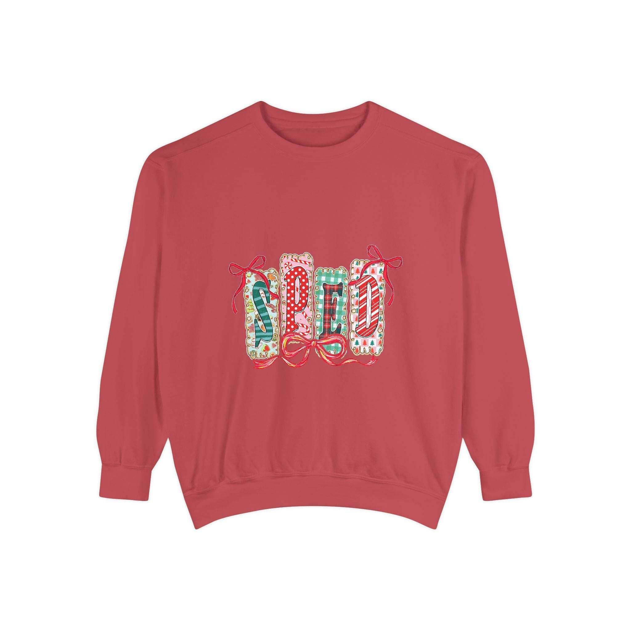 Pepper garment-dyed sweatshirt for preppy SPED teachers, featuring a festive Christmas design by Printify