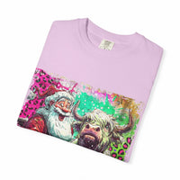 Retro Santa and Highland Cow graphic on a black t-shirt by Printify, perfect for festive holiday wear.