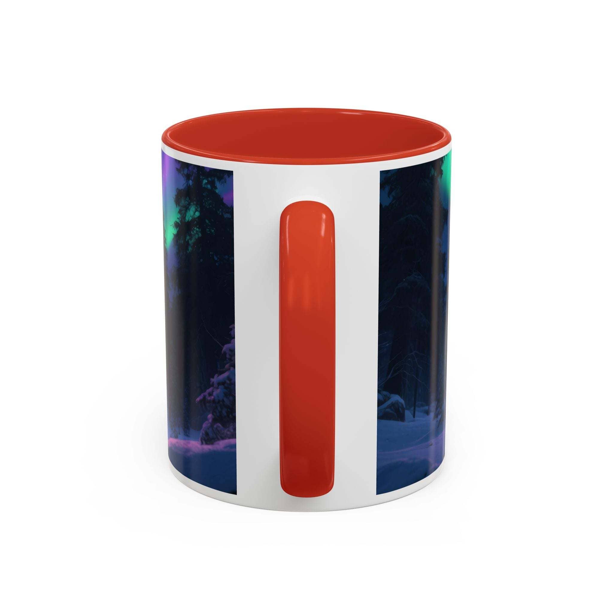 Ceramic howling wolf aurora mug with red handle and interior, featuring northern lights design