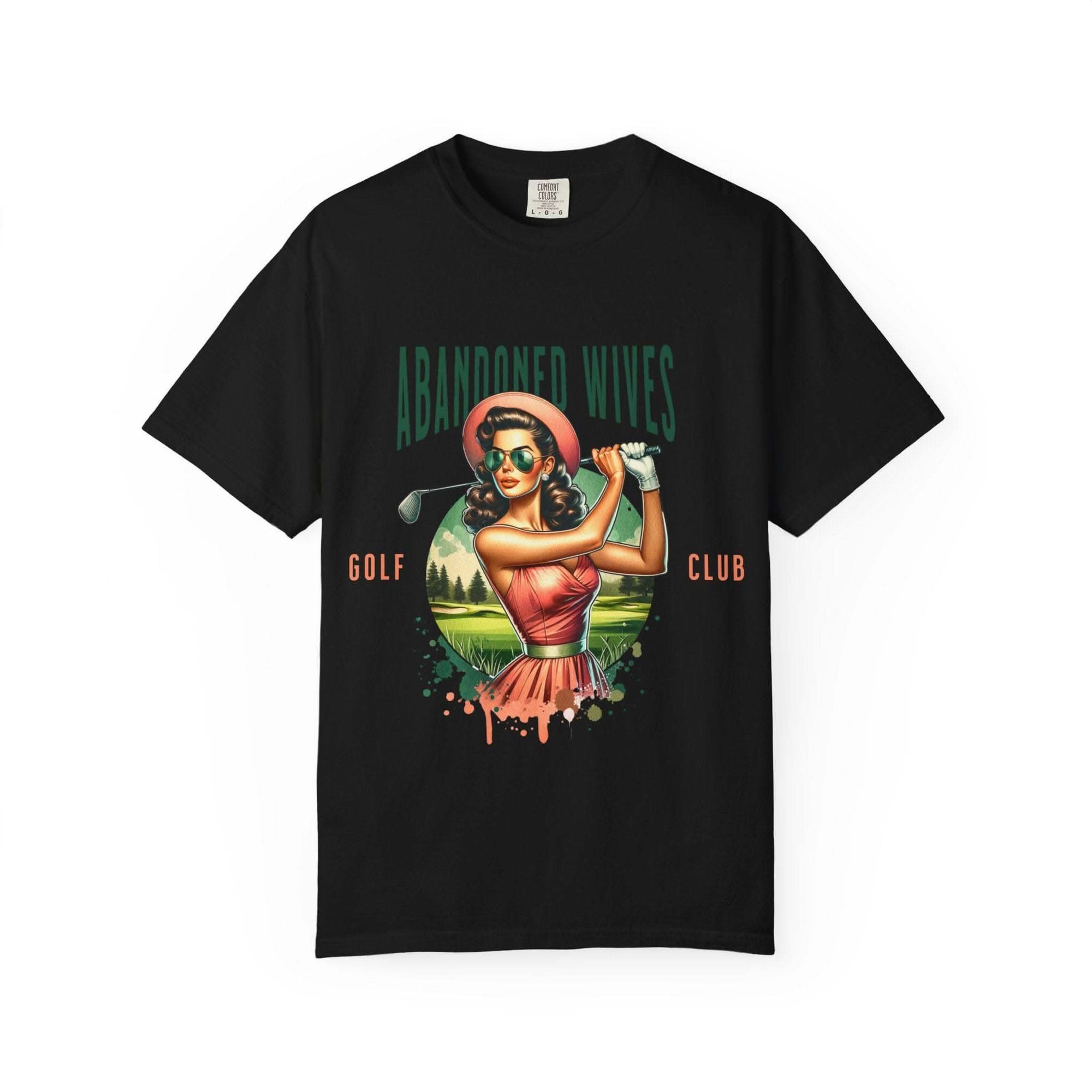 Vintage unisex T-shirt with Abandoned Wives Golf Club retro design on black cotton fabric