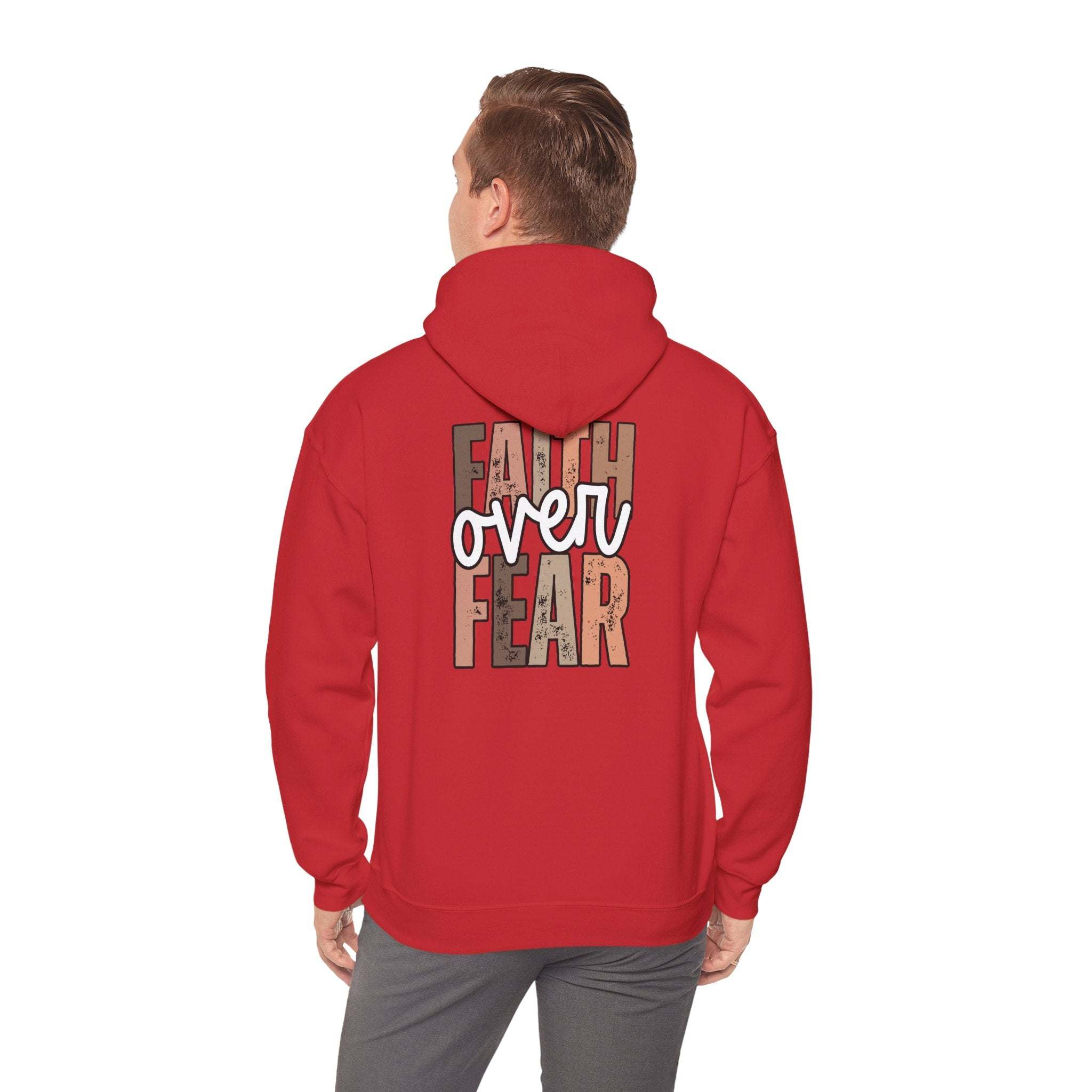 Faith Over Fear Hoodie with "Walk by Faith" inspirational Christian design on cozy sweatshirt