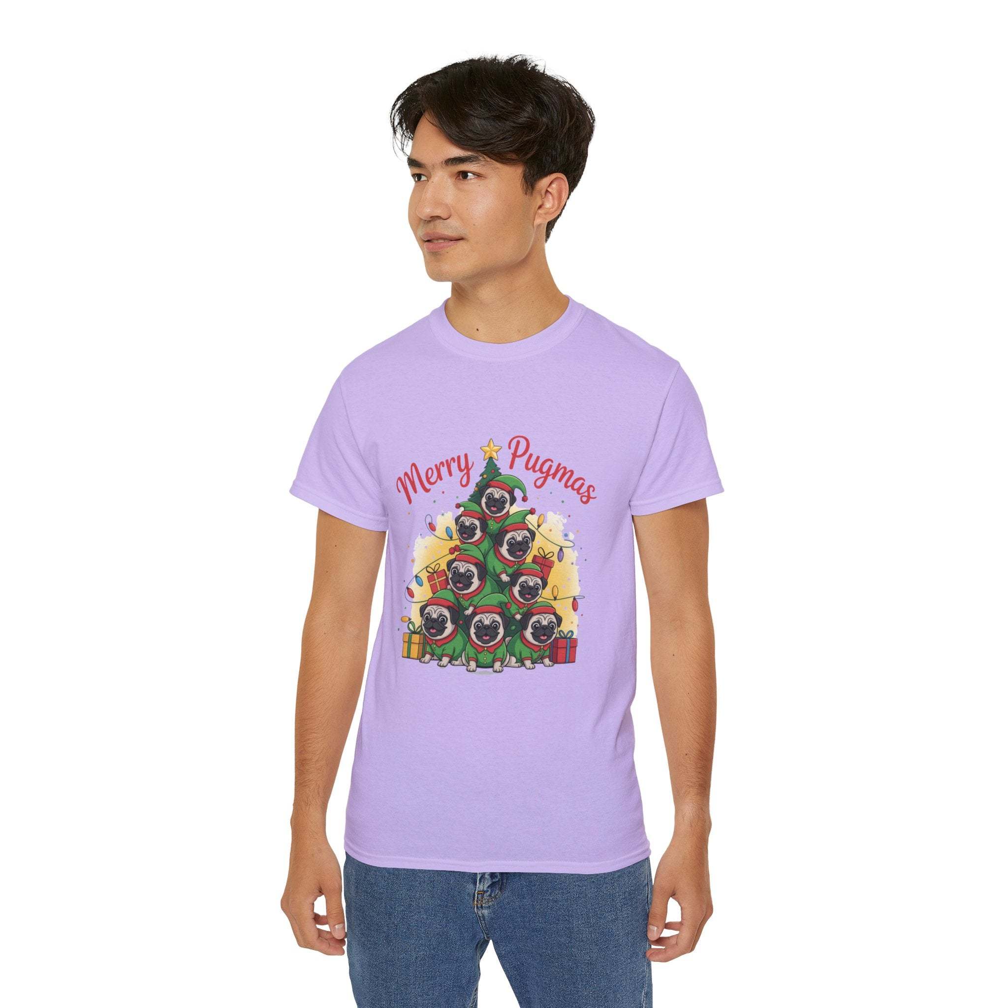 Black Merry Pugmas holiday t-shirt from Printify, featuring festive pug design for dog lovers.