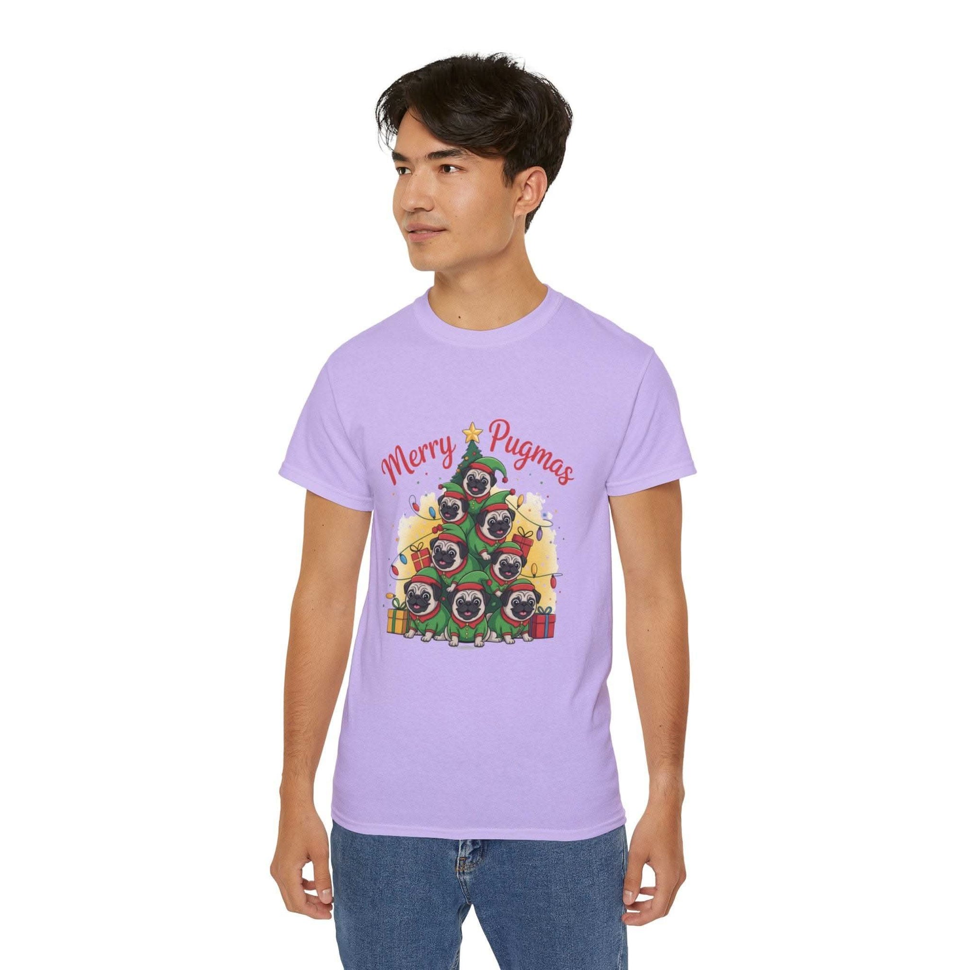Black Merry Pugmas holiday t-shirt from Printify, featuring festive pug design for dog lovers.