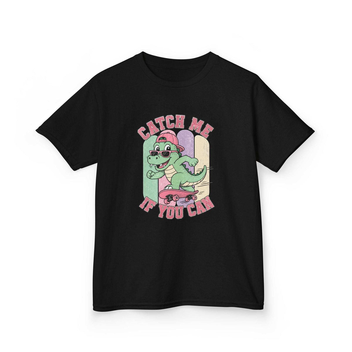 Black t-shirt with white text on a white background
