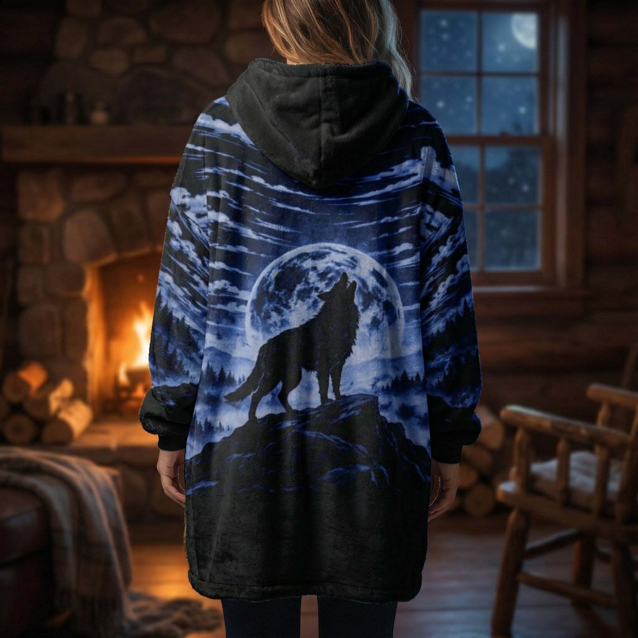 Blue Wolf All Over Print hooded blanket with indigo and cerulean wolf design, soft polyester fleece, kangaroo pocket, lightweight and warm