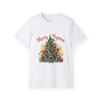 Black Merry Pugmas holiday t-shirt featuring a cute pug design, made from eco-friendly materials by Printify