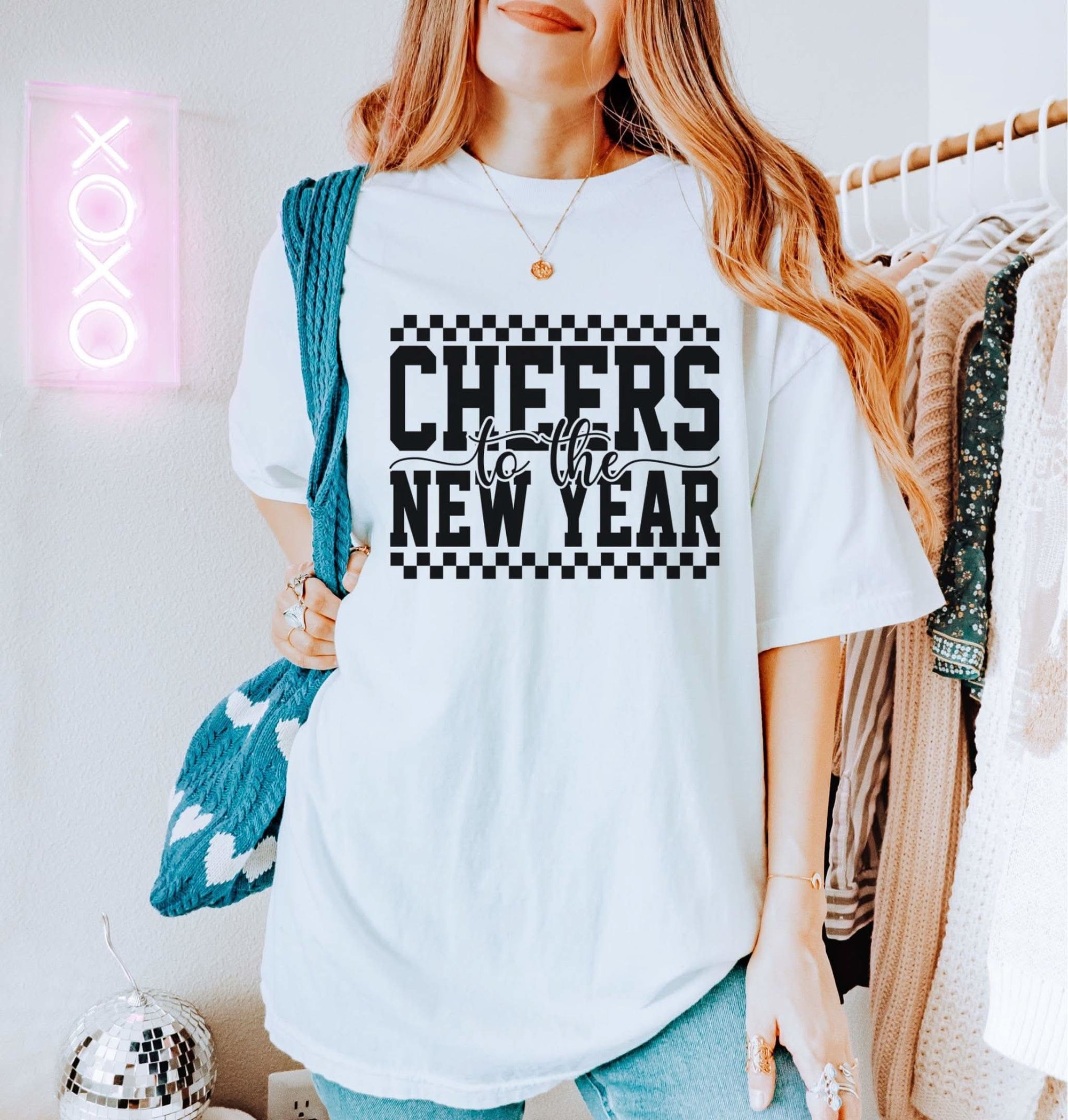 True Navy relaxed fit t-shirt with Cheers graphic by Printify for New Year celebrations