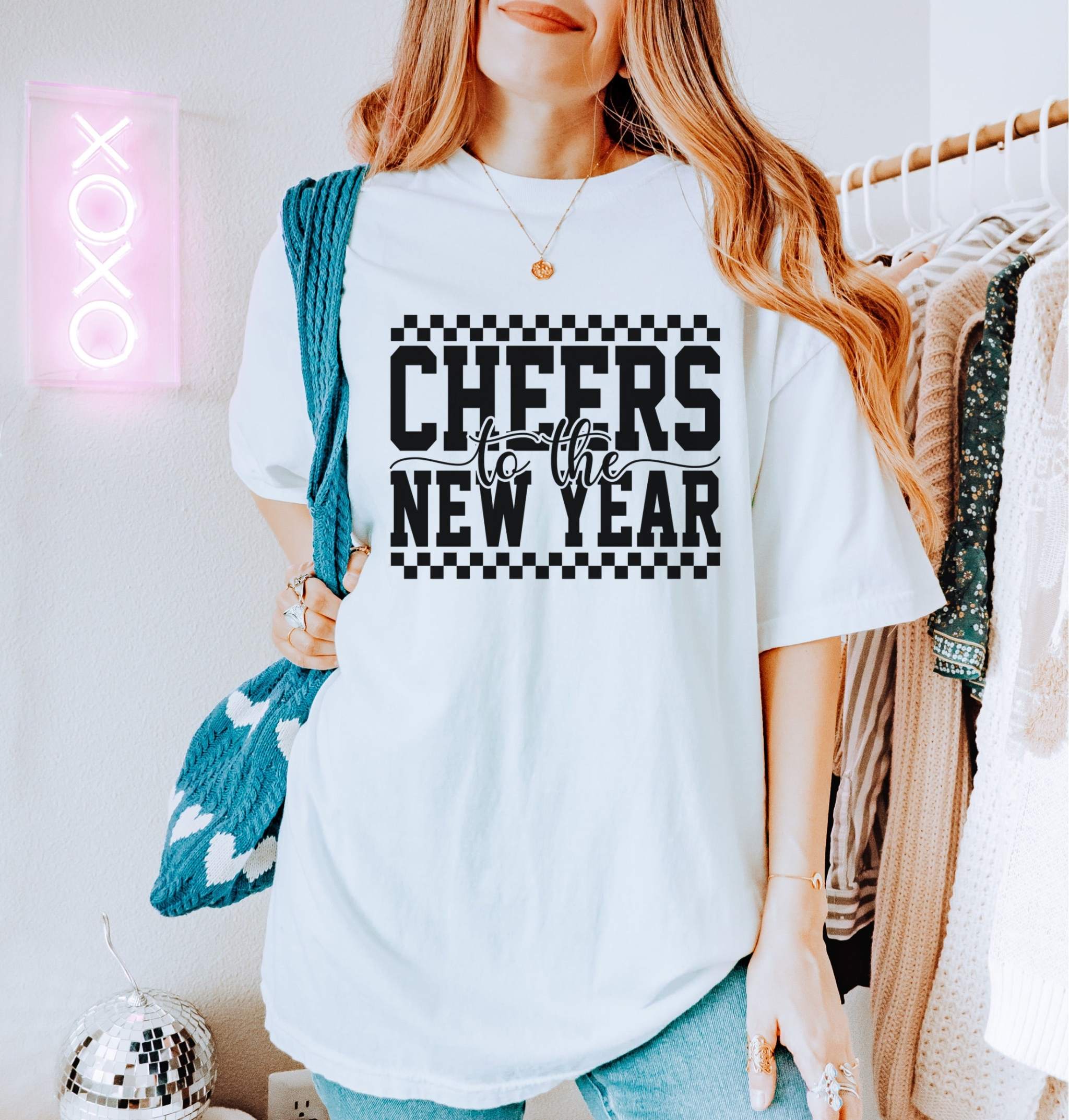 True Navy relaxed fit t-shirt with Cheers graphic by Printify for New Year celebrations