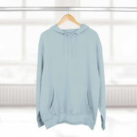 Light blue fleece hoodie with adjustable hood and kangaroo pocket hanging on wooden hanger