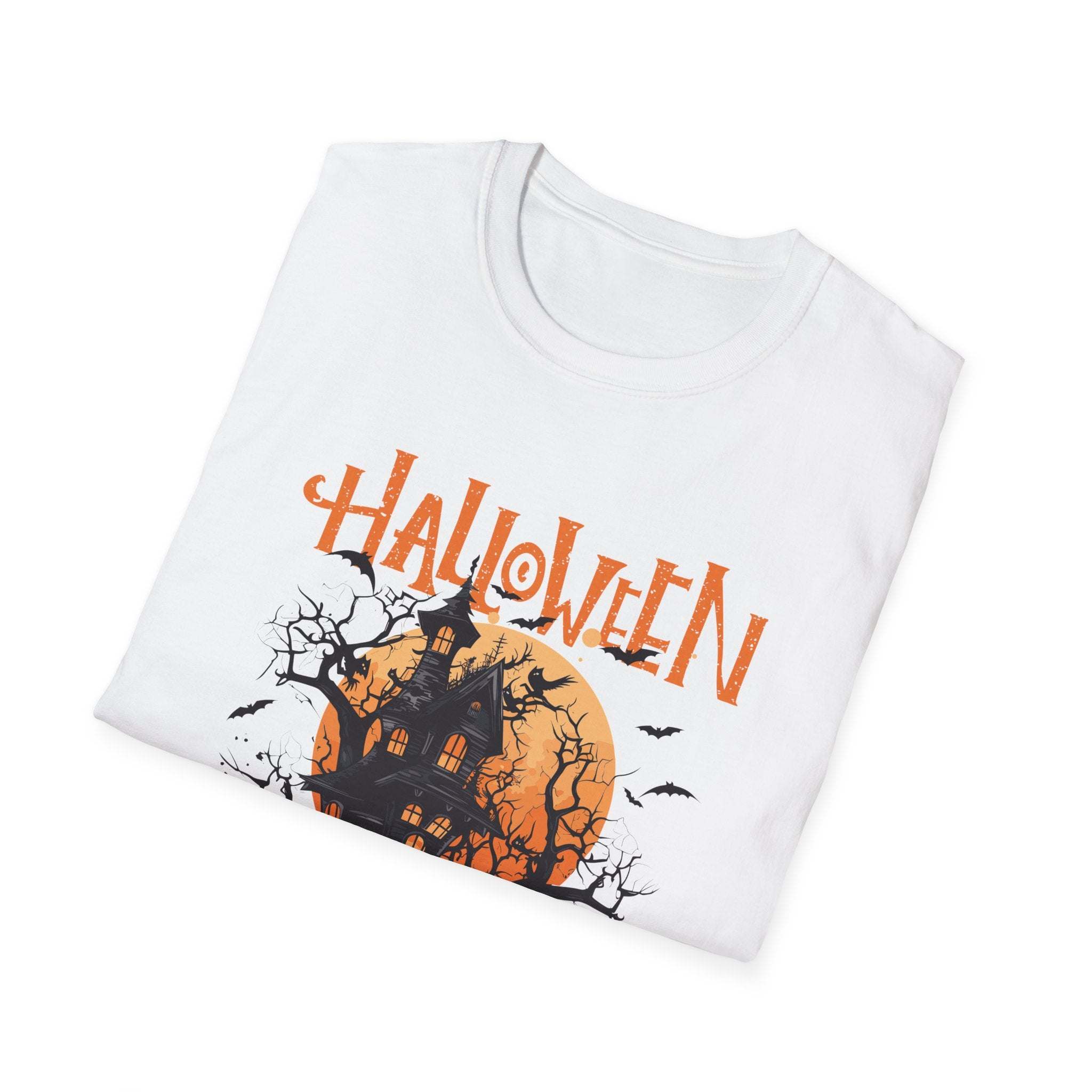 Royal blue unisex haunted house t-shirt for Halloween by Printify, featuring a spooky graphic design.